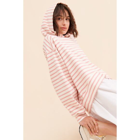 Anthropologie Pilcro Hooded Sweatshirt Twofer Mini Dress Large Pink Stripe - Picture 2 of 9